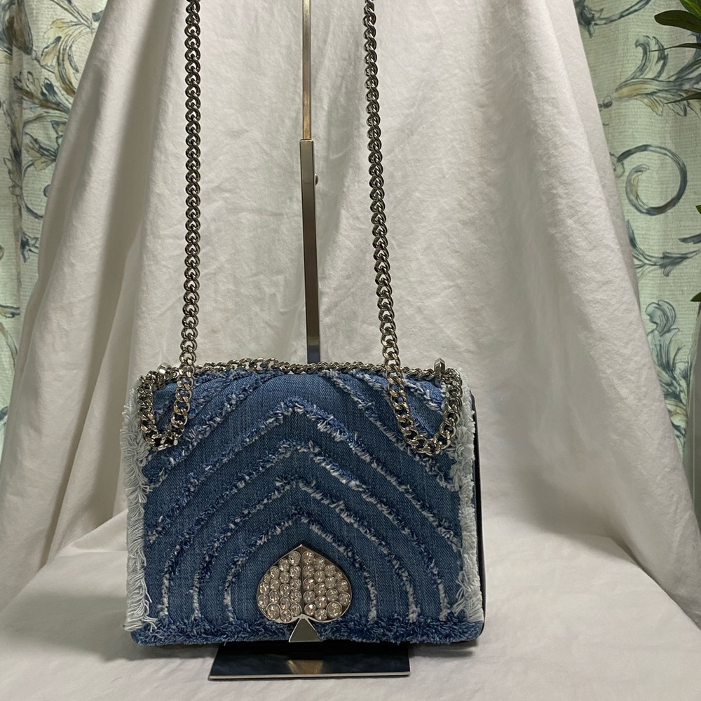 Kate Spade Amelia Jeweled Blue Denim Crossbody Bag with Chain Strap. NWOT